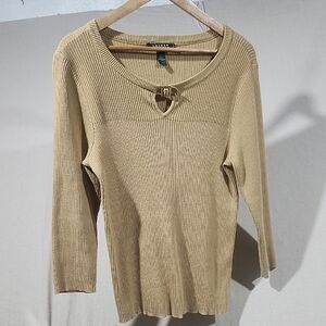 Lauren Ralph Lauren Tan Ribbed Knit Sweater With Gold Buckle Neck Detail Women L
